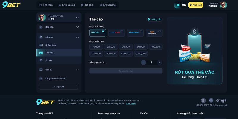 2 phương thức rút tiền 9BET phổ biến
